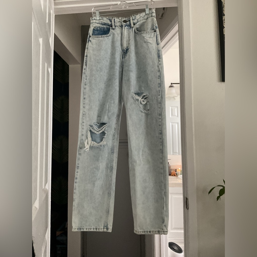 Distressed straight leg jeans